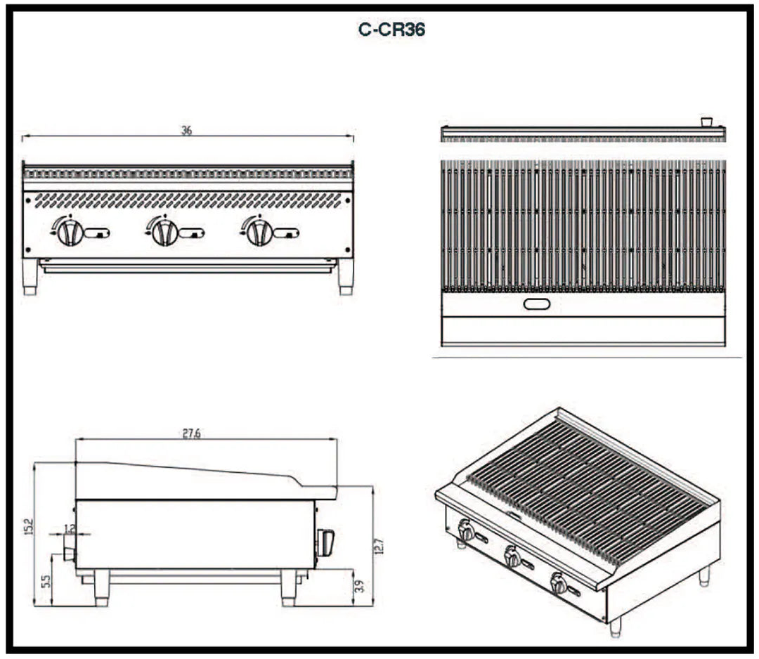 Migali C-CR36 36" Countertop Gas Lava Rock Charbroiler w/ (3) Burners, 105.000 BTU
