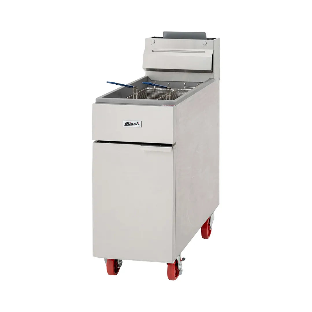 Migali C-F40-NG 15″ Floor Model Natural Gas Full Pot Fryer – 90,000 BTU (3 Burners)