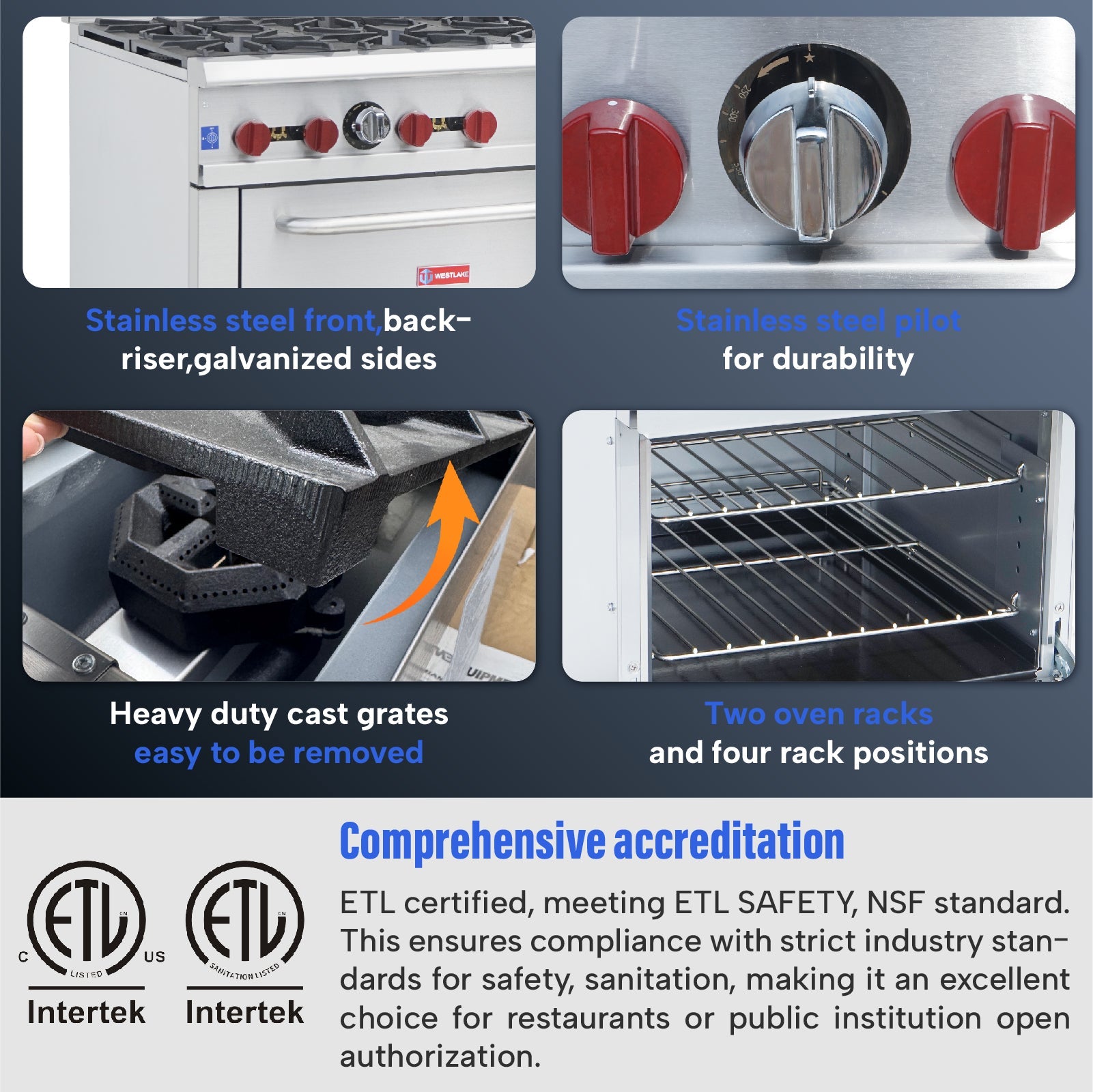 WESTLAKE Commercial Gas Range 36" 6-Burner 210,000 BTU Stainless Steel | Standard Oven Reach-In for Restaurant