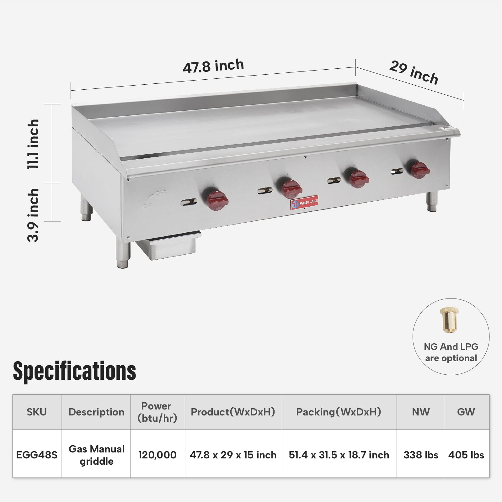 WESTLAKE Commercial Gas Griddle 48" 4-Burner 120,000 BTU Stainless Steel | Countertop Plate Grill for Restaurant