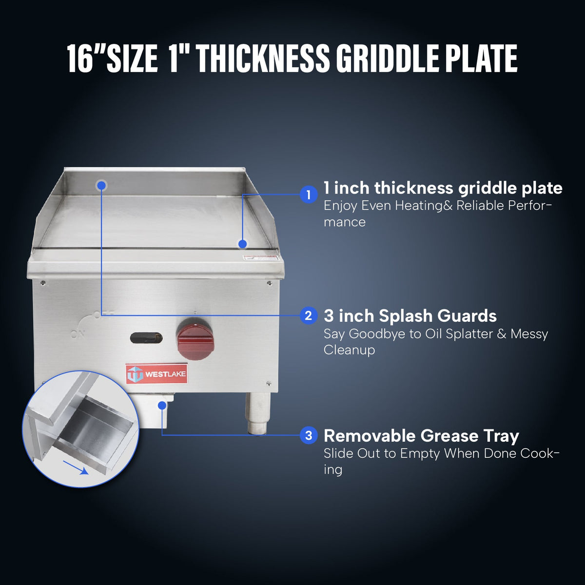 WESTLAKE Commercial Gas Griddle 16" 1-Burner 30,000 BTU Stainless Steel | Countertop Plate Grill for Restaurant
