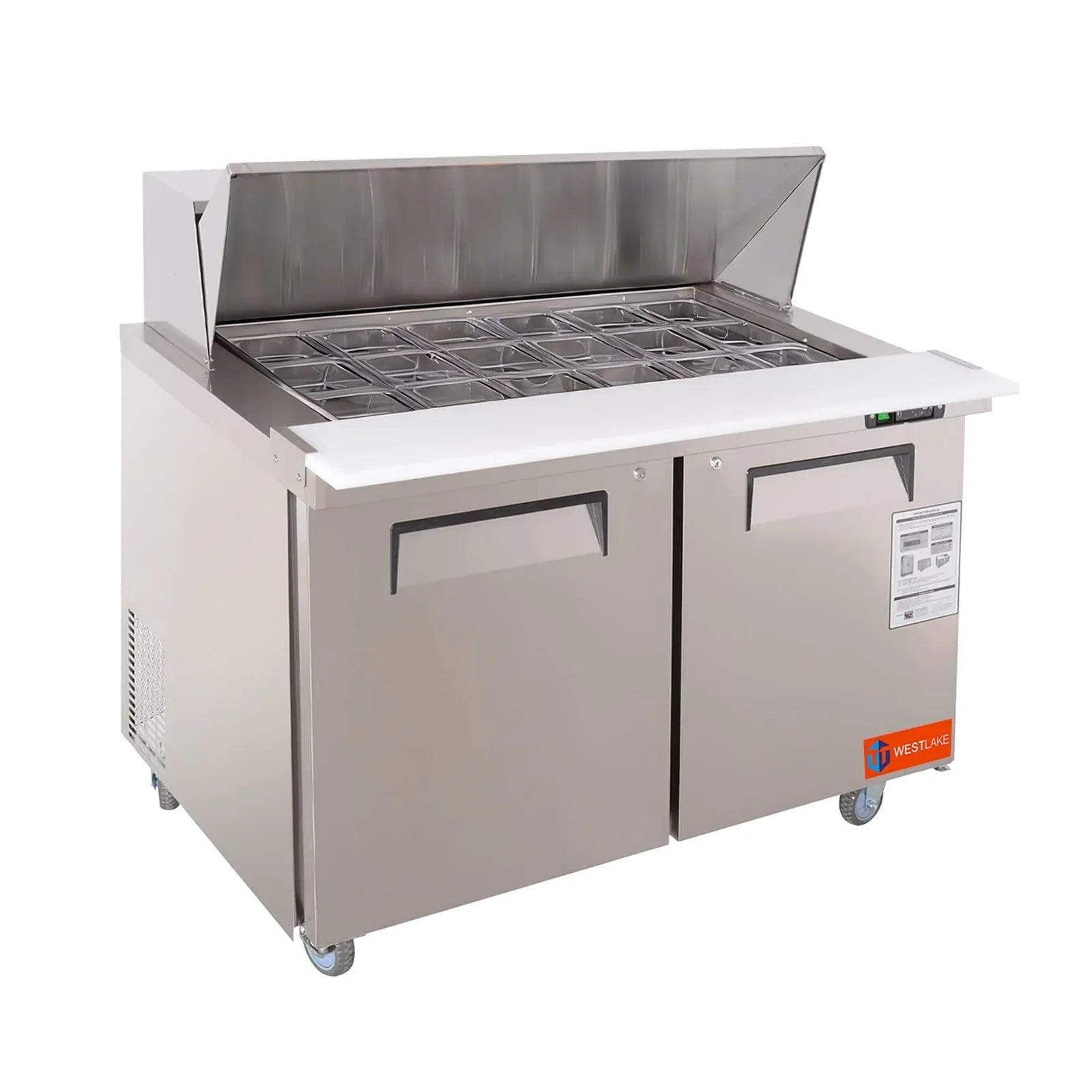 WESTLAKE Commercial Mega Top Prep Table 48" 2-Door 18-Pan 12.9 Cu.ft | Embraco ETL Sandwich Salad Refrigerator for Restaurant