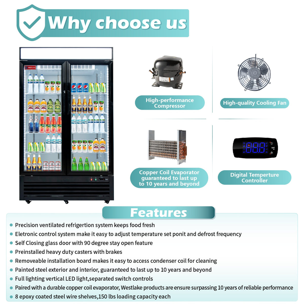 WESTLAKE Commercial Refrigerator Merchandiser 48" 2-Glass Door 36 Cu.ft Stainless Steel | Cubigel ETL DOE Copper Evaporator Reach-In for Restaurant
