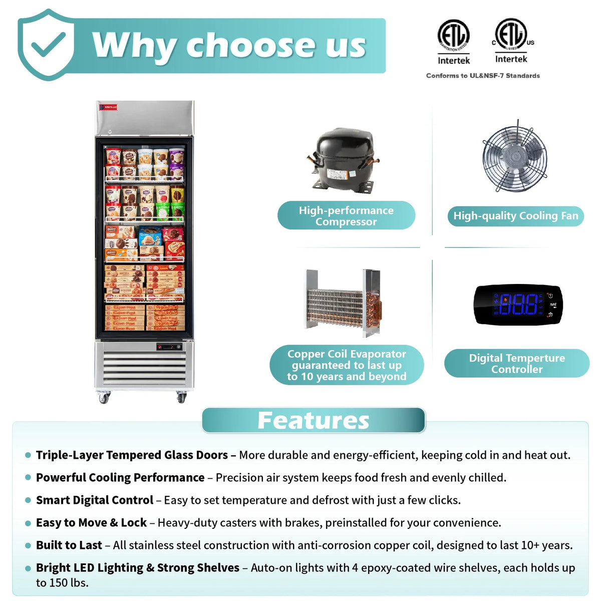 WESTLAKE Commercial Freezer Merchandiser 27" 1-Glass Door 23 Cu.ft Stainless Steel | ETL DOE Reach-In Display for Restaurant