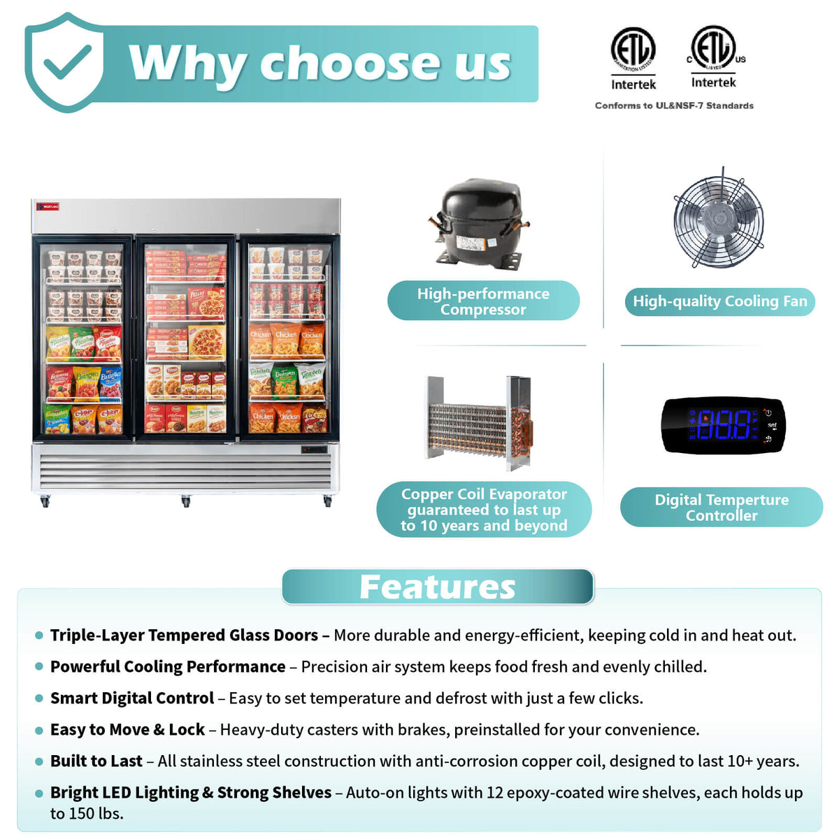 WESTLAKE Commercial Freezer Merchandiser 83" 3-Glass Door 72 Cu.ft Stainless Steel | ETL DOE Reach-In Display for Restaurant