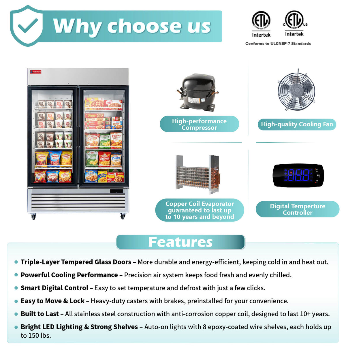 WESTLAKE Commercial Freezer Merchandiser 54" 2-Glass Door 49 Cu.ft Stainless Steel | ETL DOE Reach-In Display for Restaurant