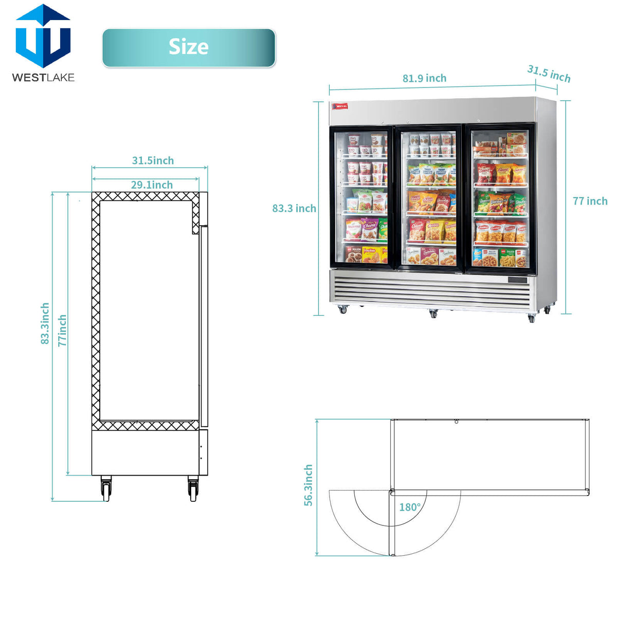 WESTLAKE Commercial Freezer Merchandiser 83" 3-Glass Door 72 Cu.ft Stainless Steel | ETL DOE Reach-In Display for Restaurant