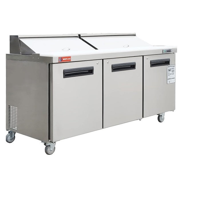 WESTLAKE Commercial Prep Table 72" 3-Door 20 Cu.ft Stainless Steel | Cubigel ETL Sandwich Salad Refrigerator for Restaurant