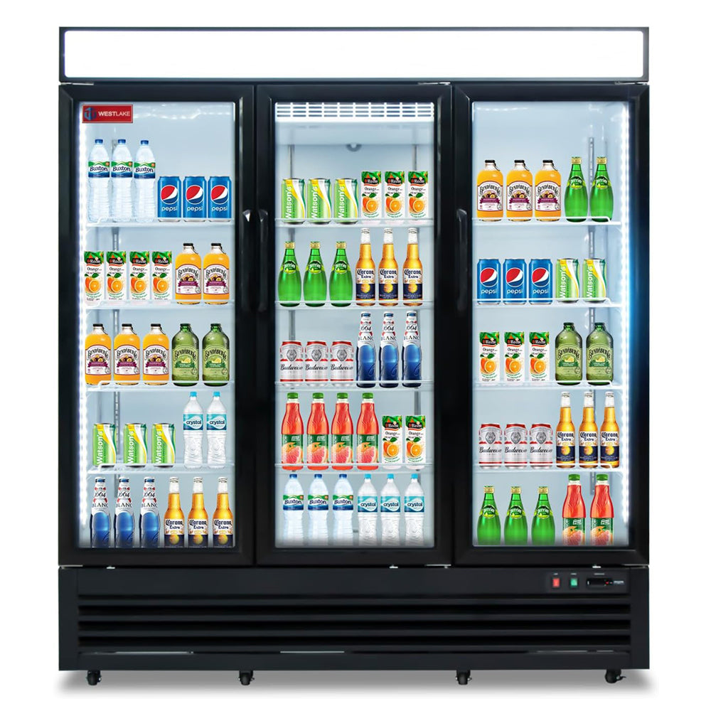 WESTLAKE Commercial Refrigerator Merchandiser 72" 3-Glass Door 54 Cu.ft Stainless Steel | Cubigel Copper Evaporator Reach-In for Restaurant