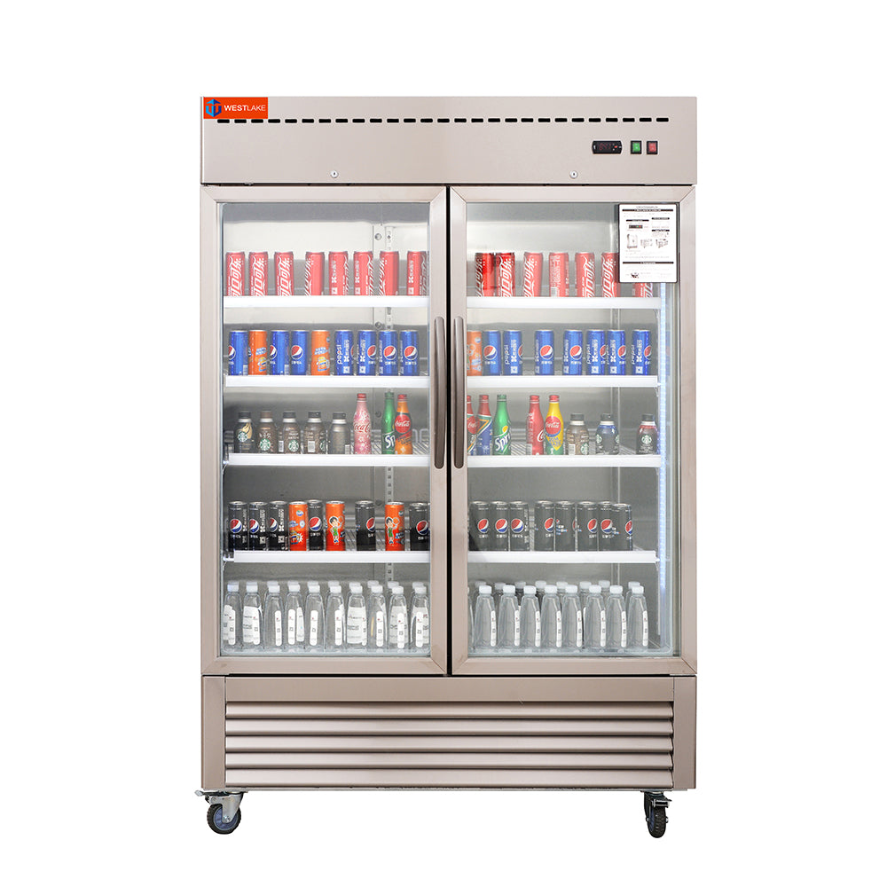 WESTLAKE Commercial Refrigerator Merchandiser 48" 2-Glass Door 49 Cu.ft Stainless Steel | R290 Embraco ETL NSF Reach-In for Restaurant