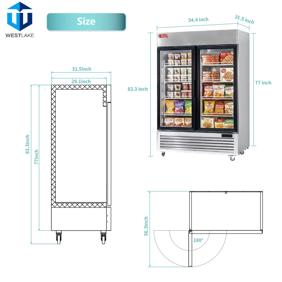 WESTLAKE Commercial Freezer Merchandiser 54" 2-Glass Door 49 Cu.ft Stainless Steel | ETL DOE Reach-In Display for Restaurant
