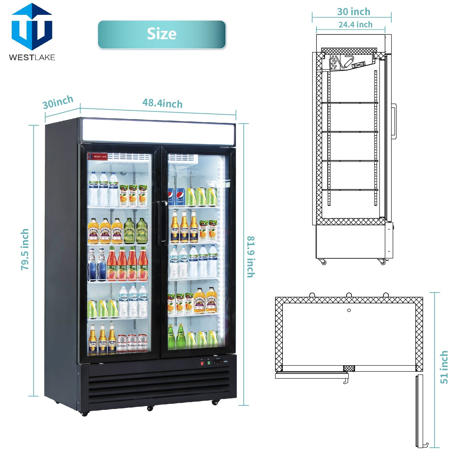 WESTLAKE Commercial Refrigerator Merchandiser 48" 2-Glass Door 36 Cu.ft Stainless Steel | Cubigel ETL DOE Copper Evaporator Reach-In for Restaurant