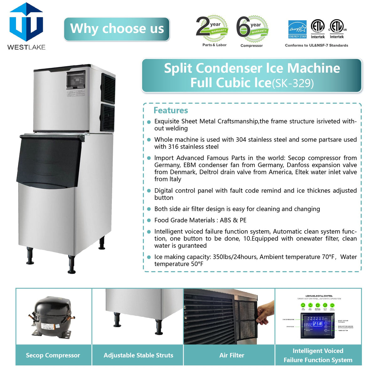 WESTLAKE Commercial Ice Machine 350 lb. Air Cooled Cube Ice Maker with 308 lb. Bin | SK-329 ETL Certified for Restaurant