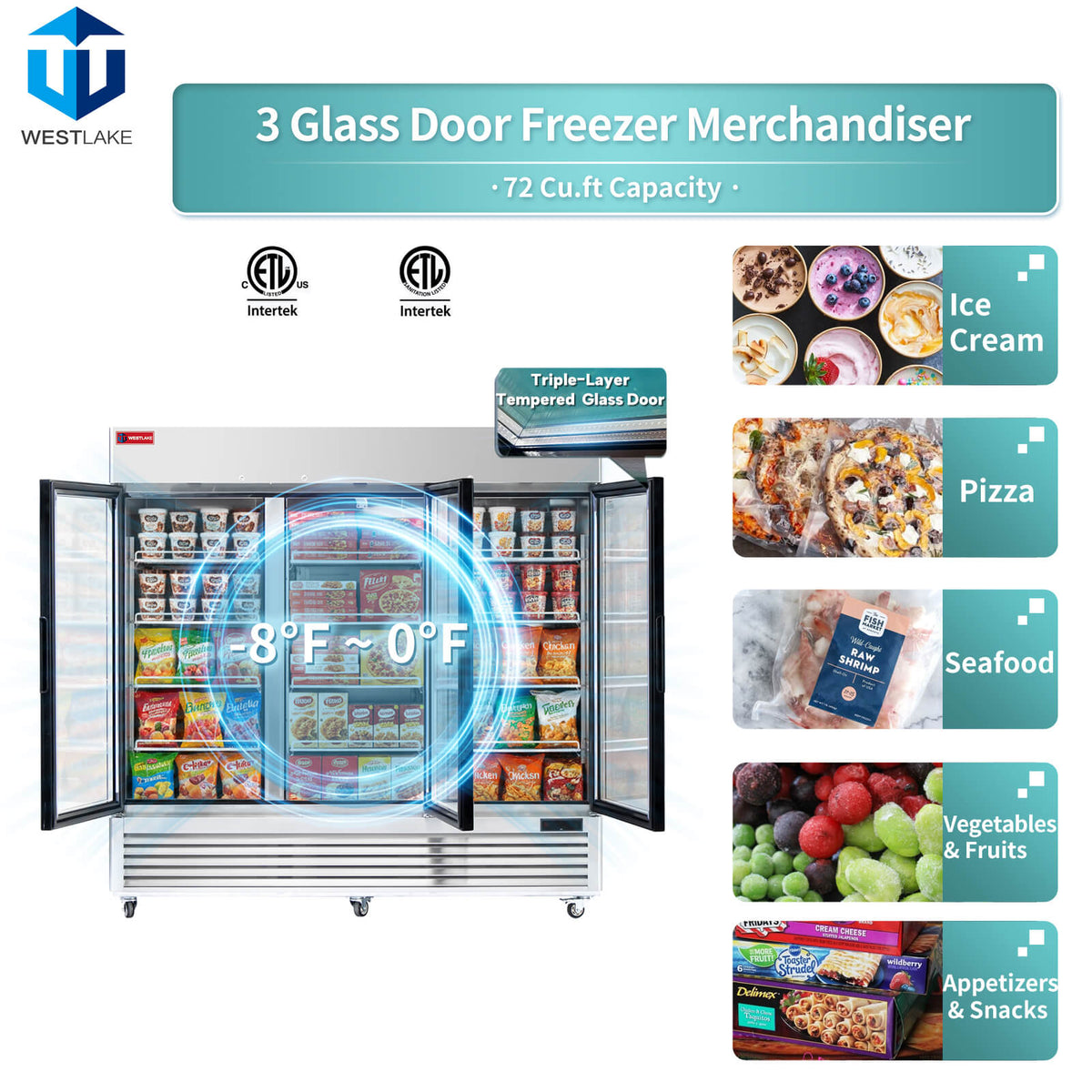 WESTLAKE Commercial Freezer Merchandiser 83" 3-Glass Door 72 Cu.ft Stainless Steel | ETL DOE Reach-In Display for Restaurant