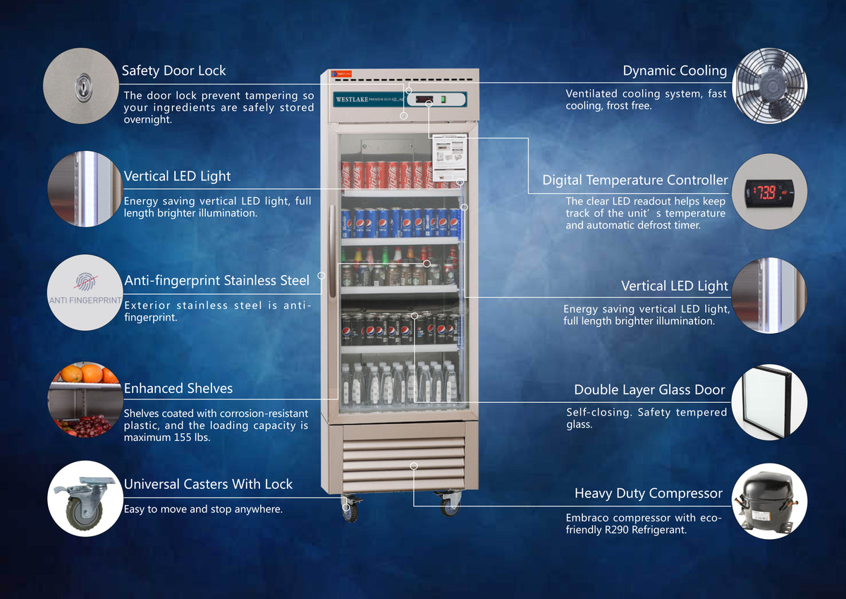WESTLAKE Commercial Refrigerator Merchandiser 27" 1-Glass Door 23 Cu.ft Stainless Steel | R290 ETL NSF DOE Reach-In for Restaurant