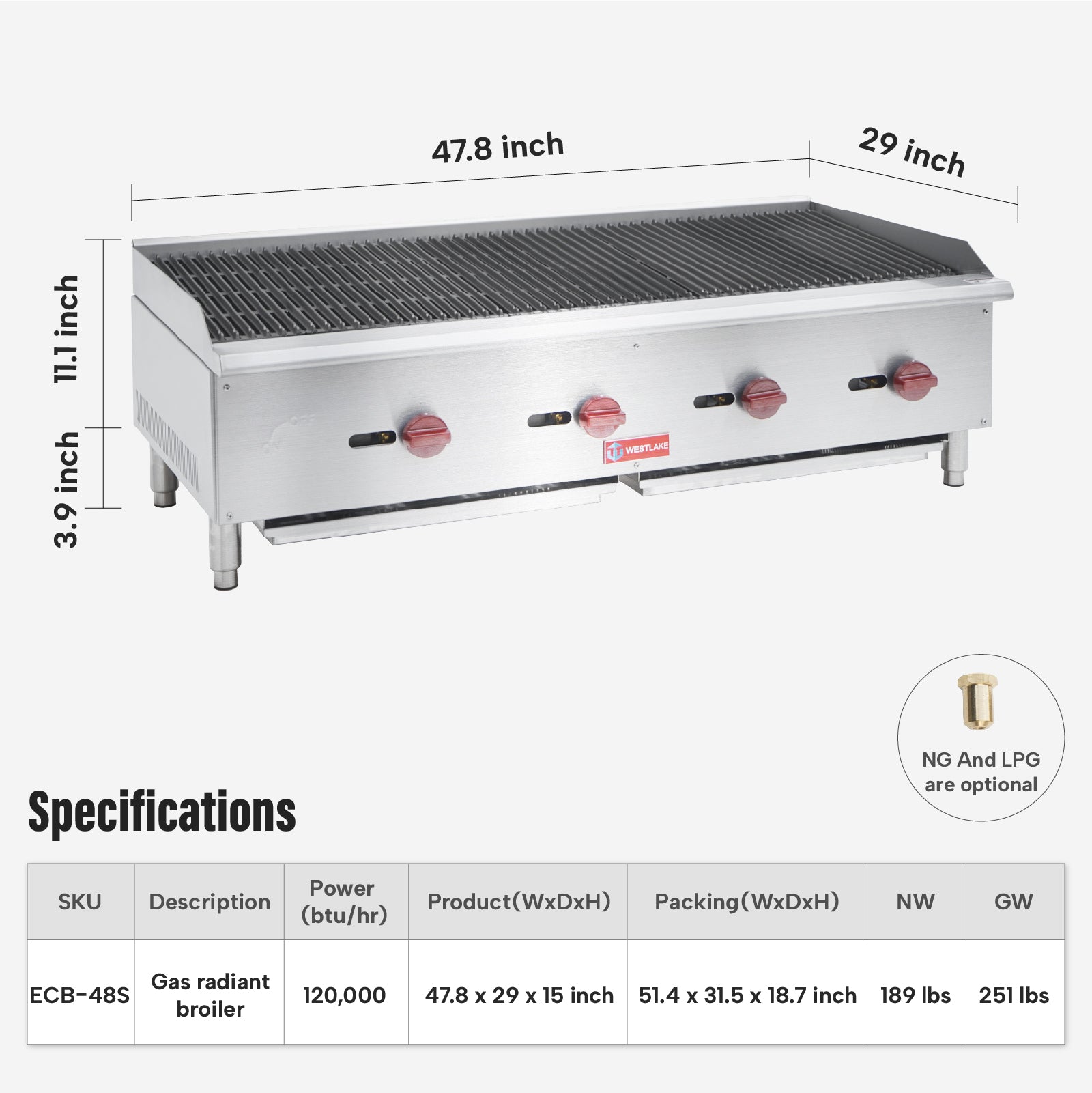WESTLAKE Commercial Gas Charbroiler 48" 4-Burner 120,000 BTU Stainless Steel | Countertop Radiant BBQ Grill for Restaurant