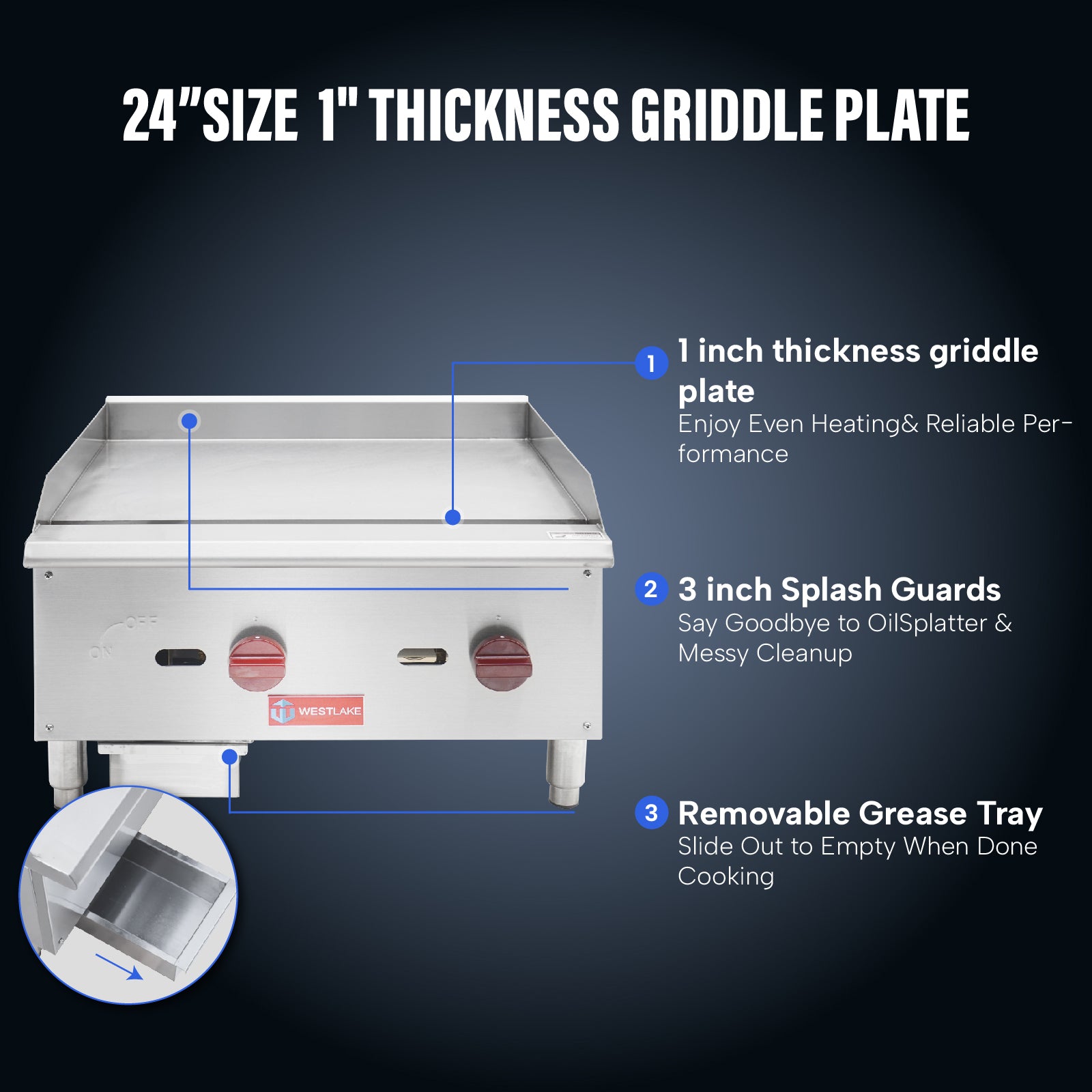WESTLAKE Commercial Gas Griddle 24" 2-Burner 60,000 BTU Stainless Steel | Countertop Plate Grill for Restaurant