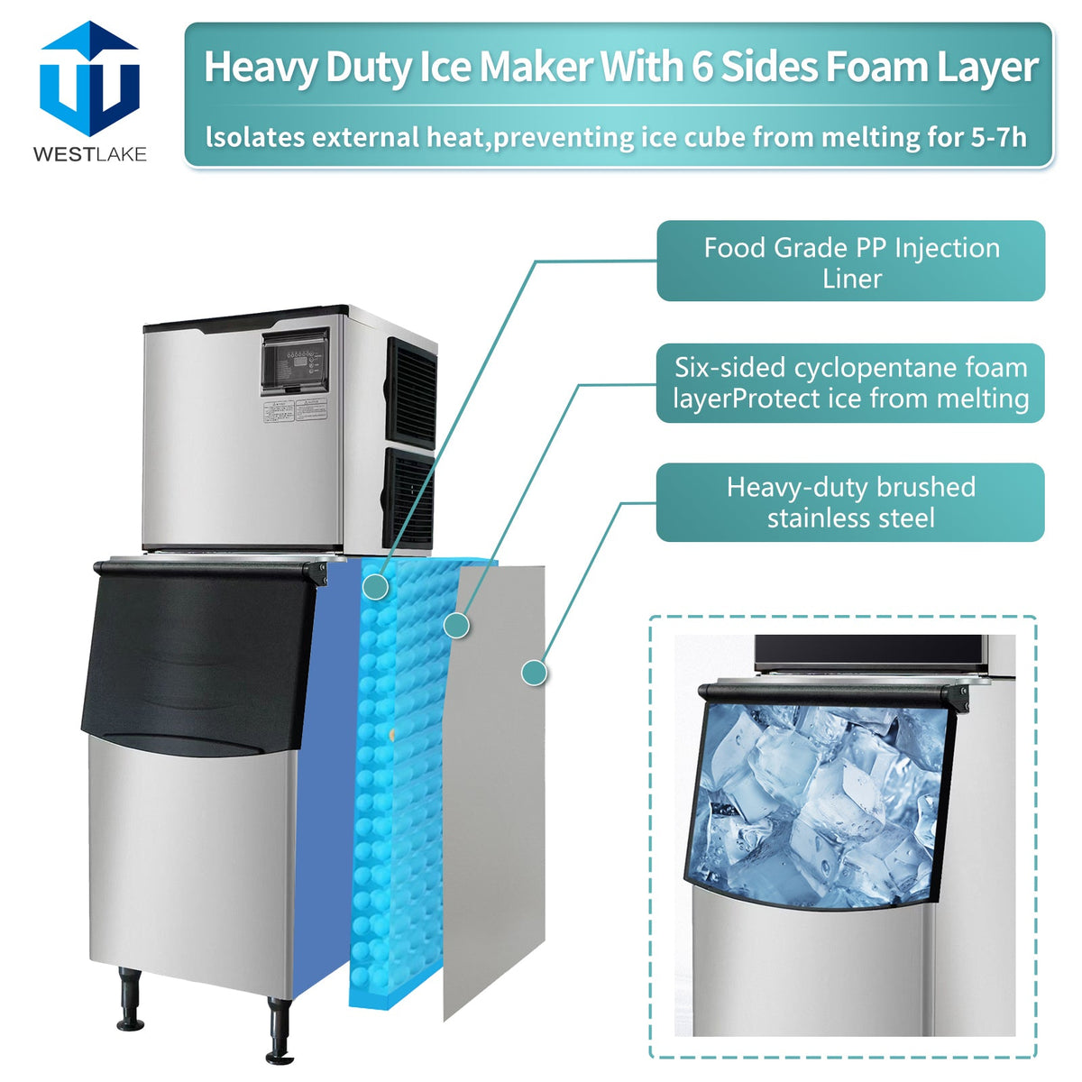WESTLAKE Commercial Ice Maker Machine 350 lb/Day with 308 lb Bin | Air Cooled Full Cube Ice Machine for Restaurant
