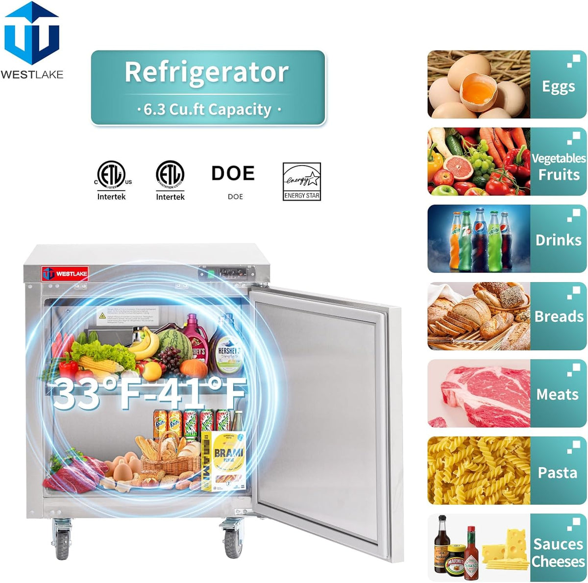 Commercial Undercounter Refrigerator, WESTLAKE 28" Single Door Stainless Steel Lowboy Cooler Worktop Fridge 6.3 Cu.ft