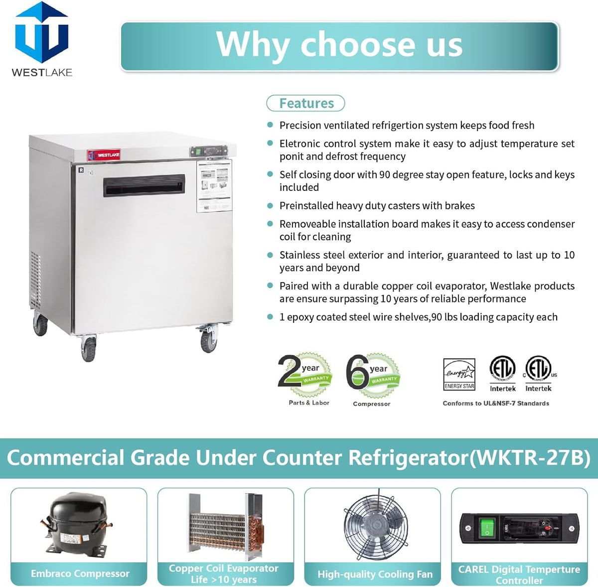 Commercial Undercounter Refrigerator, WESTLAKE 28" Single Door Stainless Steel Lowboy Cooler Worktop Fridge 6.3 Cu.ft