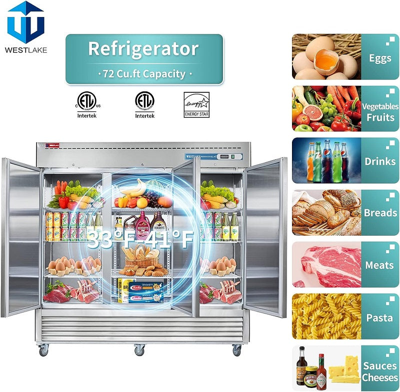 WESTLAKE Commercial Refrigerator 82" 3-Door 72 Cu.ft Stainless Steel | R290 Embraco ETL DOE Reach-In for Restaurant