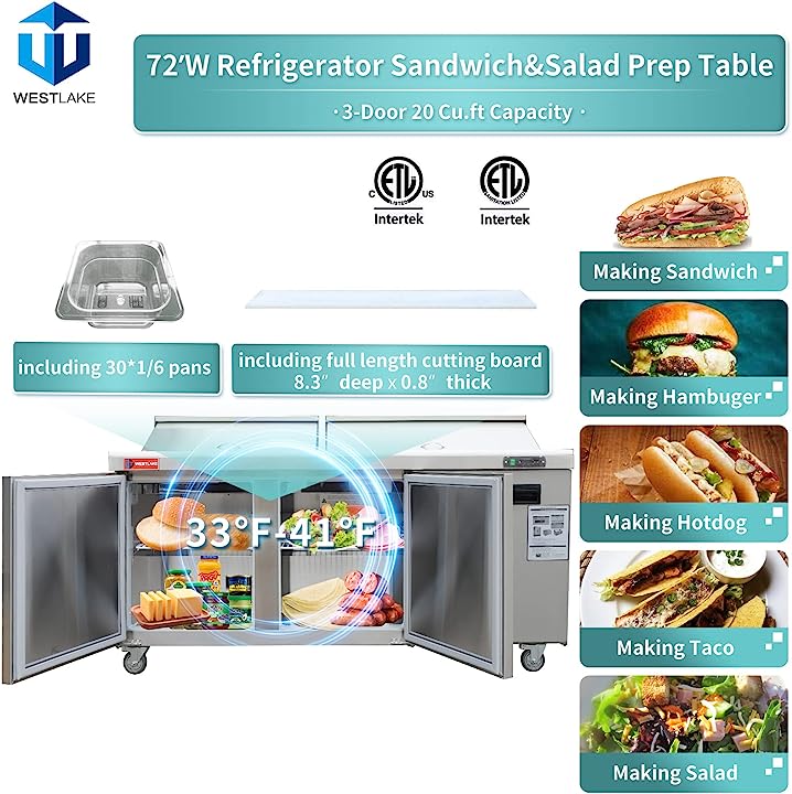 WESTLAKE Commercial Mega Top Prep Table 72" 3-Door 20 Cu.ft Stainless Steel | Embraco ETL Sandwich Salad Refrigerator for Restaurant