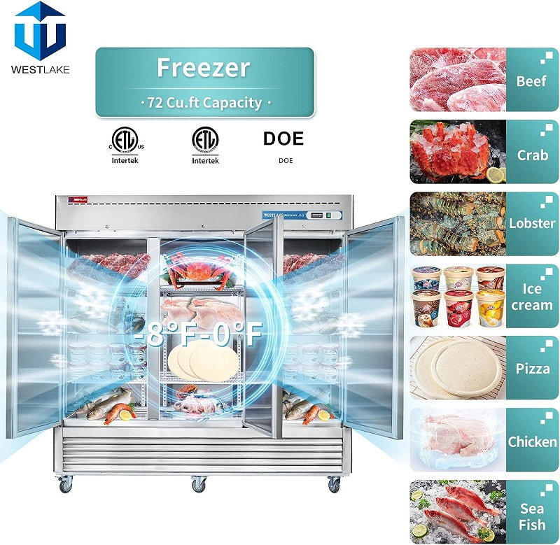 WESTLAKE Commercial Freezer 82" 3-Door 72 Cu.ft Stainless Steel | 9-Shelf Embraco ETL DOE Reach-In for Restaurant