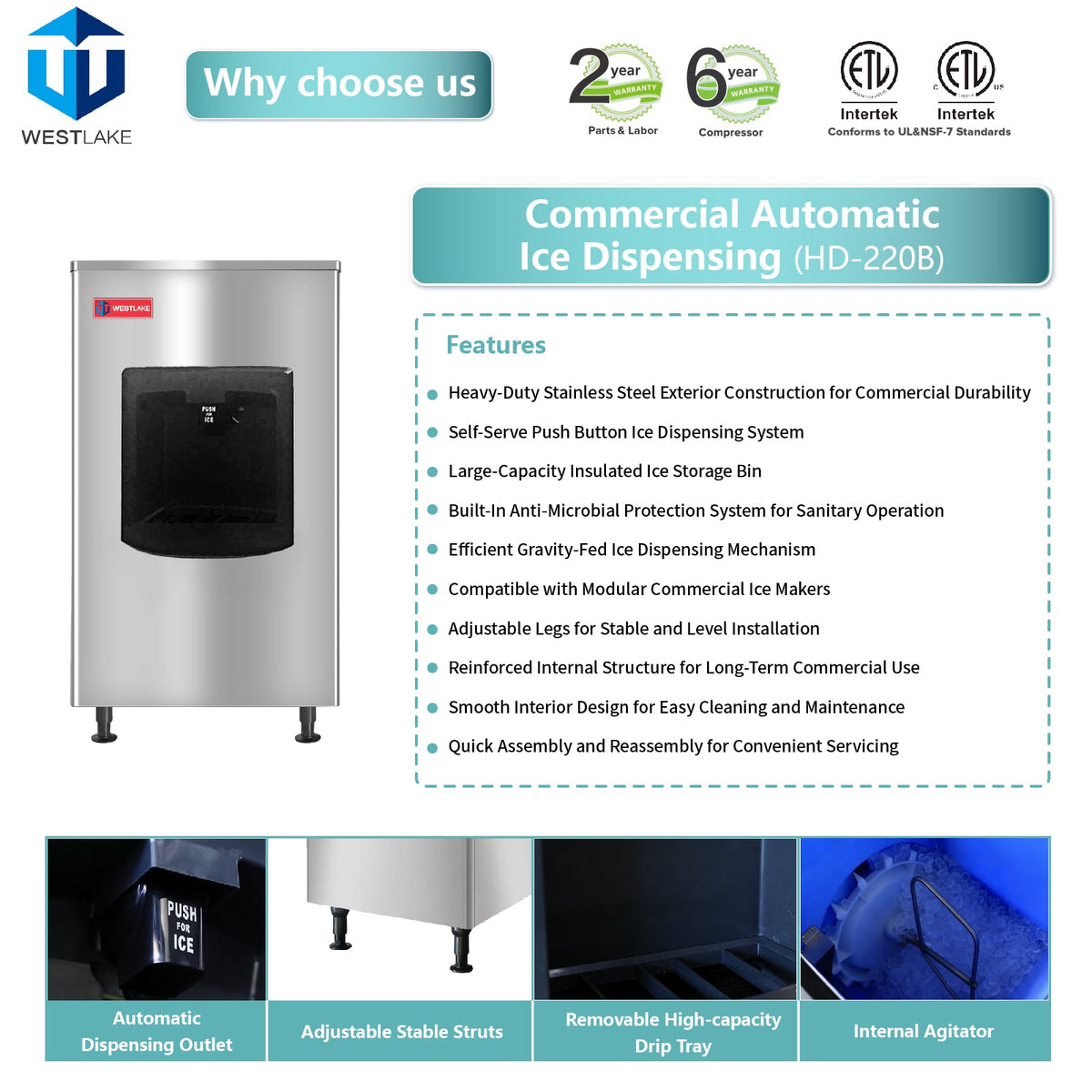 WESTLAKE Commercial Touchless Ice Dispenser 220 lb | Stainless Steel ETL Certified Freestanding for Restaurant