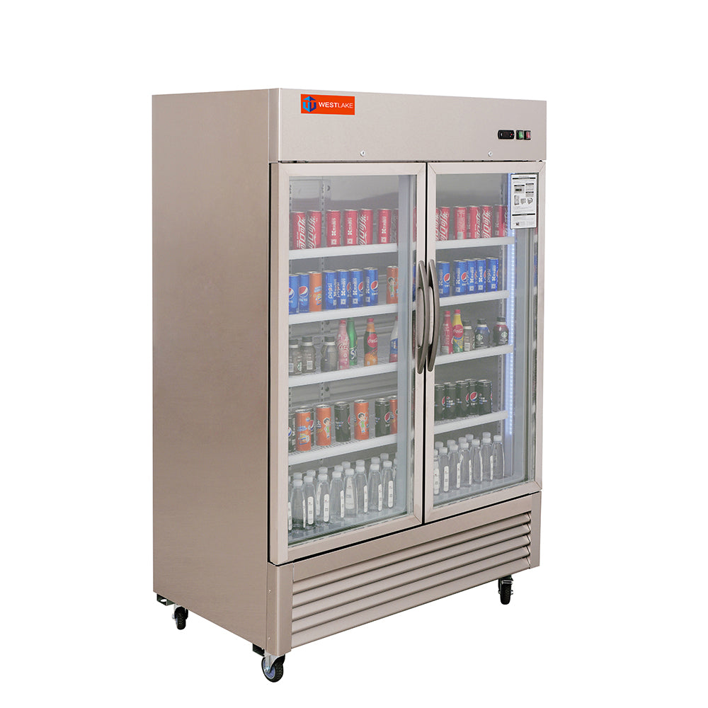 WESTLAKE Commercial Refrigerator Merchandiser 48" 2-Glass Door 49 Cu.ft Stainless Steel | R290 Embraco ETL NSF Reach-In for Restaurant