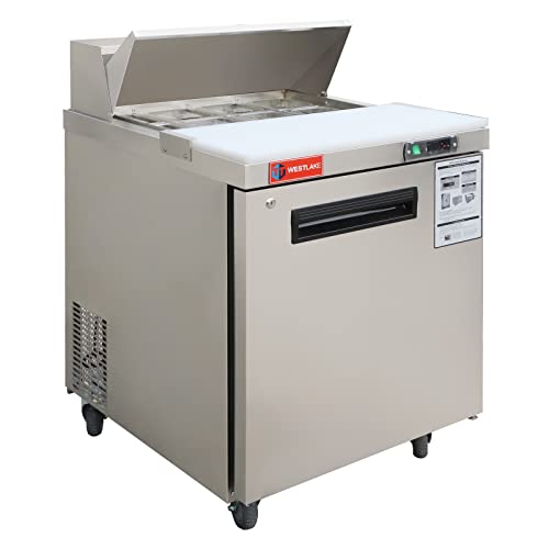 WESTLAKE Commercial Prep Table 27" 1-Door 8-Pan Stainless Steel | Copper Evaporator ETL Sandwich Salad Refrigerator