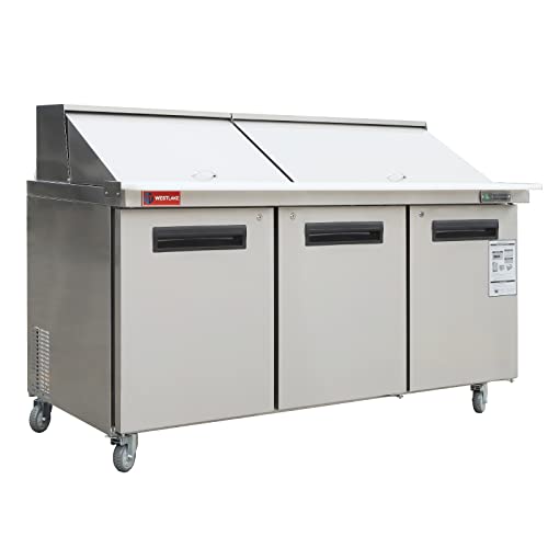 WESTLAKE Commercial Mega Top Prep Table 72" 3-Door 20 Cu.ft Stainless Steel | Embraco ETL DOE Sandwich Salad Refrigerator for Restaurant