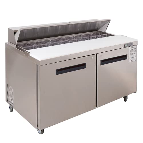 WESTLAKE Commercial Prep Table 60" 2-Door 16-Pan 12.9 Cu.ft Stainless Steel | 1/2HP Embraco ETL DOE Sandwich Salad Refrigerator for Restaurant