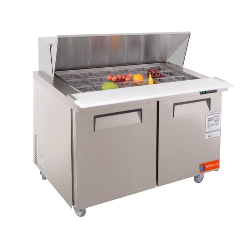 WESTLAKE Commercial Mega Top Prep Table 48" 2-Door 18-Pan Stainless Steel | Embraco ETL DOE Sandwich Salad Refrigerator for Restaurant