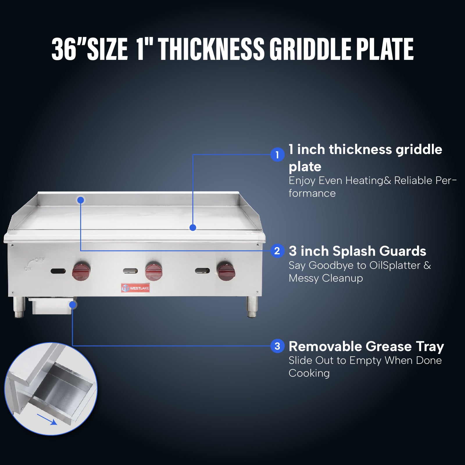 WESTLAKE Commercial Gas Griddle 36" 3-Burner 90,000 BTU Stainless Steel | Countertop Plate Grill for Restaurant