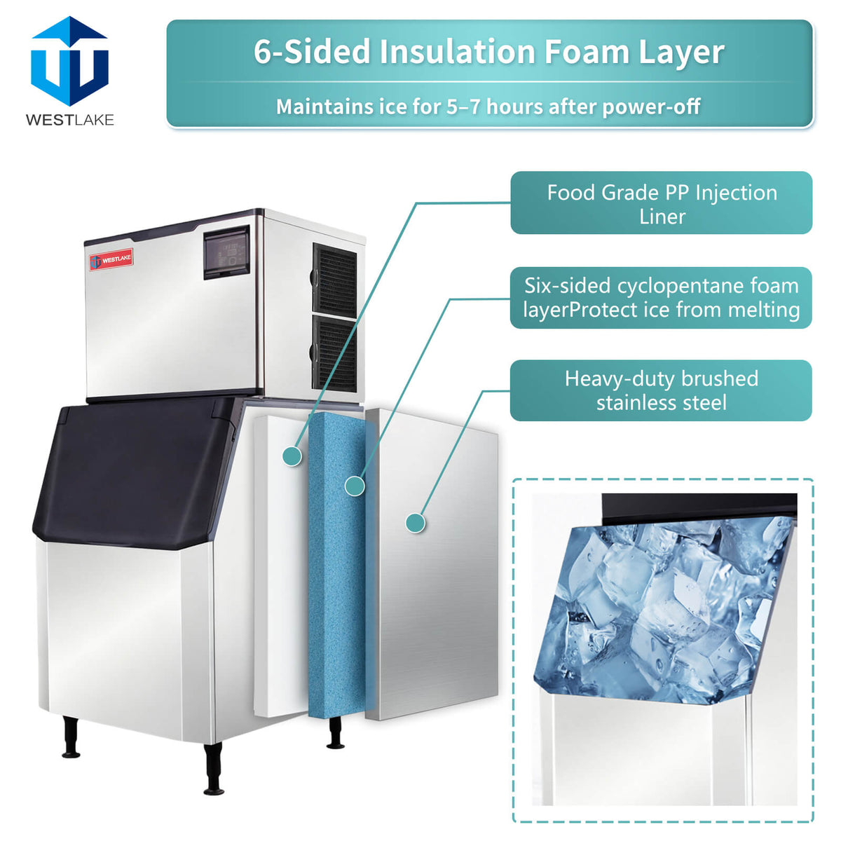 WESTLAKE Commercial Ice Machine 700 lb. Air Cooled Cube Ice Maker with 440 lb. Bin | SK-729 ETL Certified for Restaurant