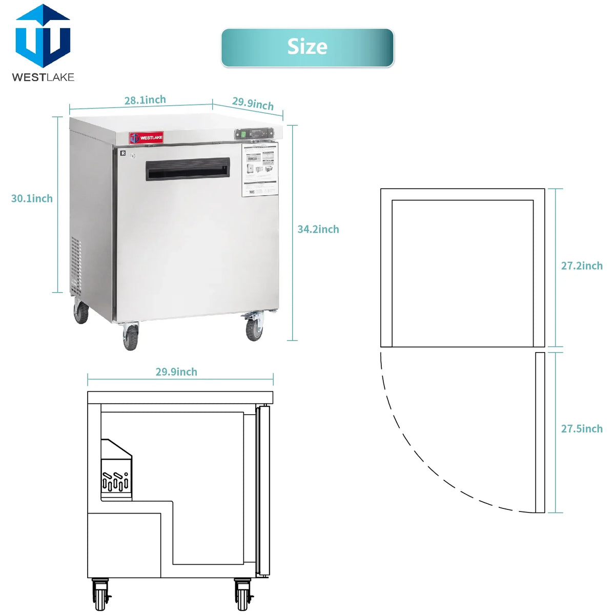 WESTLAKE Commercial Undercounter Refrigerator 28" 1-Door 6.3 Cu.ft Stainless Steel | R290 Worktop Lowboy Cooler for Restaurant