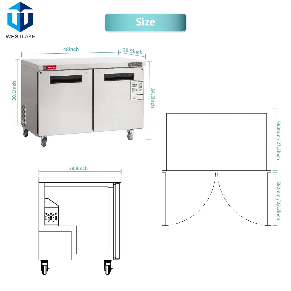 WESTLAKE Commercial Undercounter Refrigerator 48" 2-Door 12 Cu.ft Stainless Steel | R290 Worktop Lowboy Cooler for Restaurant