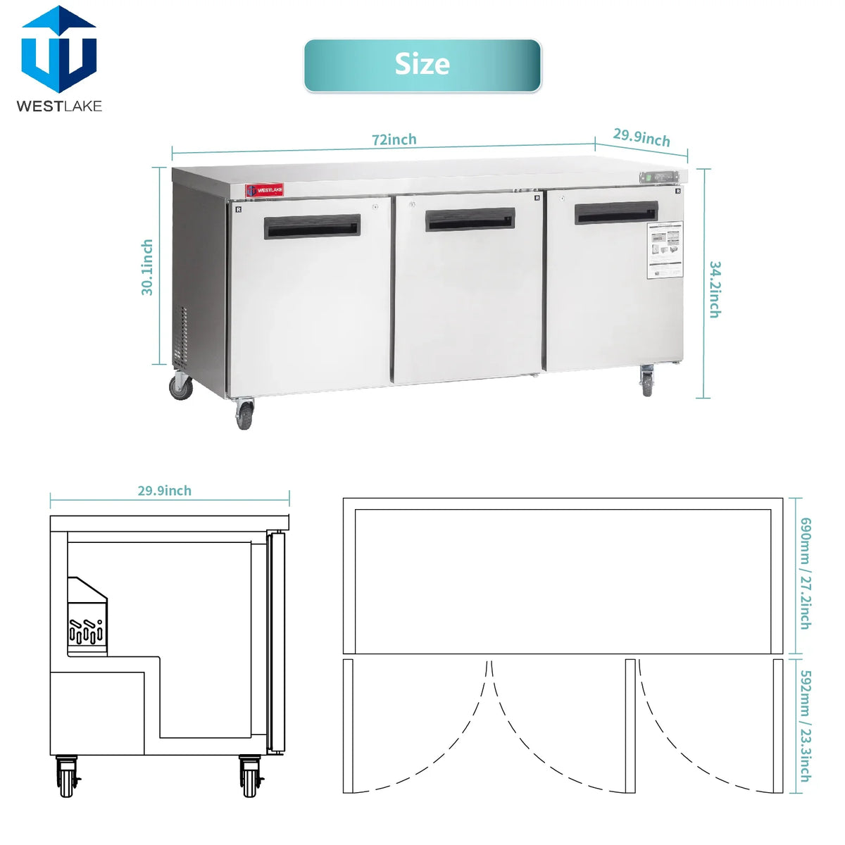 WESTLAKE Commercial Undercounter Refrigerator 72" 3-Door 17.7 Cu.ft Stainless Steel | R290 Worktop Lowboy Cooler for Restaurant