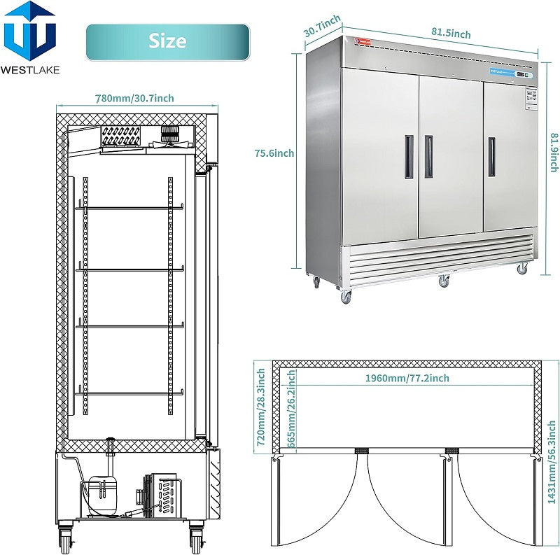 WESTLAKE Commercial Freezer 82" 3-Door 72 Cu.ft Stainless Steel | 9-Shelf Embraco ETL DOE Reach-In for Restaurant
