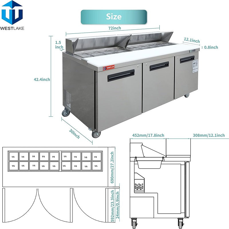 WESTLAKE Commercial Prep Table 72" 3-Door 20 Cu.ft Stainless Steel | Cubigel ETL Sandwich Salad Refrigerator for Restaurant