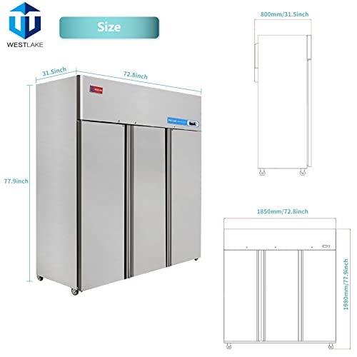 WESTLAKE Commercial Freezer 72" 3-Door 54 Cu.ft Stainless Steel | Cubigel ETL DOE Reach-In for Restaurant
