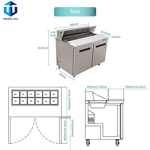WESTLAKE Commercial Prep Table 48" 2-Door 12-Pan Stainless Steel | Embraco ETL DOE Sandwich Salad Refrigerator