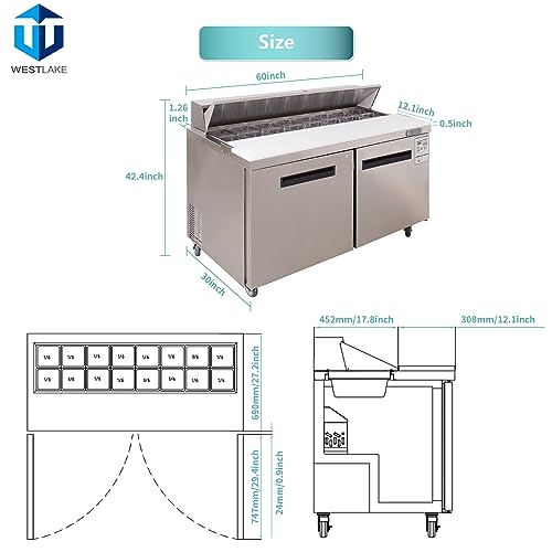 WESTLAKE Commercial Prep Table 60" 2-Door 16-Pan 12.9 Cu.ft Stainless Steel | 1/2HP Embraco ETL DOE Sandwich Salad Refrigerator for Restaurant