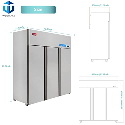 WESTLAKE Commercial Refrigerator 72" 3-Door 54 Cu.ft Stainless Steel | Cubigel NSF ETL Reach-In for Restaurant