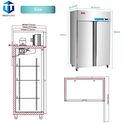 WESTLAKE Commercial Refrigerator 48" 2-Door 36 Cu.ft Stainless Steel | Cubigel NSF ETL Reach-In for Restaurant