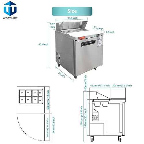 WESTLAKE Commercial Prep Table 27" 1-Door 8-Pan Stainless Steel | Embraco ETL DOE Sandwich Salad Refrigerator