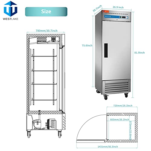 WESTLAKE Commercial Refrigerator 27" 1-Door 23 Cu.ft Stainless Steel | 6-Shelf Embraco DOE Reach-In for Restaurant