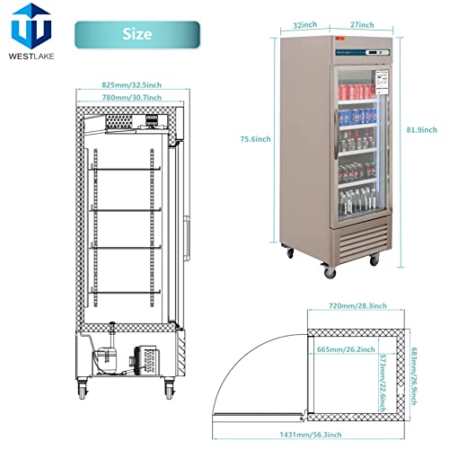 WESTLAKE Commercial Refrigerator Merchandiser 27" 1-Glass Door 23 Cu.ft Stainless Steel | Embraco ETL Display Cooler Reach-In for Restaurant