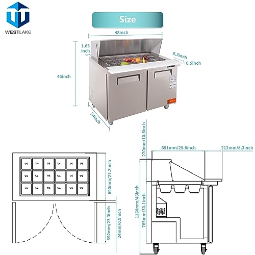 WESTLAKE Commercial Mega Top Prep Table 48" 2-Door 18-Pan Stainless Steel | Embraco ETL DOE Sandwich Salad Refrigerator for Restaurant