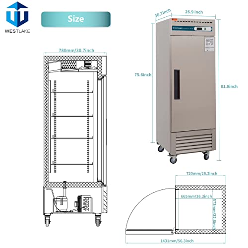 WESTLAKE Commercial Freezer 27" 1-Door 23 Cu.ft Stainless Steel | 6-Shelf Embraco ETL DOE Reach-In for Restaurant